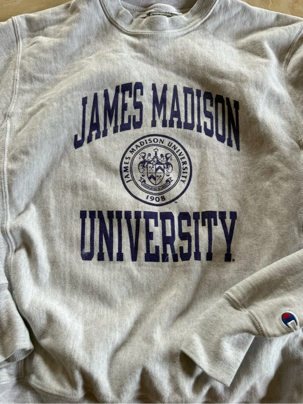 Champion Gray James Madison University Crewneck Sweatshirt - Purple Logo